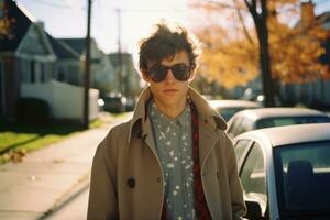 a young man wearing sunglasses and a trench coat standing in front of a parked car generative ai photo