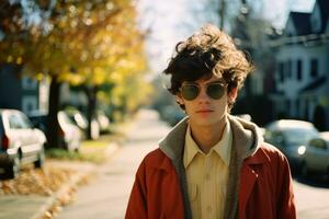 a young man wearing sunglasses and an orange jacket standing on a street generative ai photo