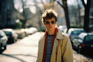 un joven hombre vistiendo Gafas de sol y un zanja Saco en pie en un calle generativo ai foto