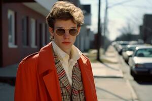 a young man wearing sunglasses and an orange coat generative ai photo
