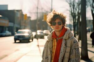 a young man wearing sunglasses and a scarf on a city street generative ai photo