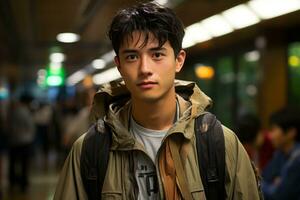 a young man with a backpack standing in a subway generative ai photo