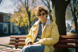 un joven hombre vistiendo Gafas de sol y un amarillo chaqueta sentado en un parque banco generativo ai foto