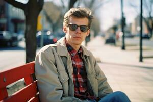 a young man wearing sunglasses sits on a red bench generative ai photo