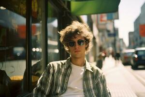 un joven hombre vistiendo Gafas de sol se sienta en un banco en frente de un Tienda generativo ai foto