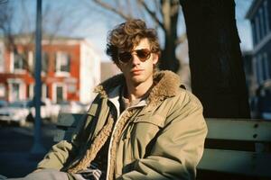 a young man wearing sunglasses sitting on a park bench generative ai photo