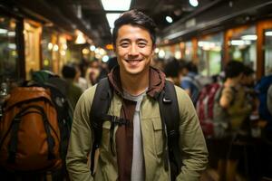 a young man with a backpack standing in a train generative ai photo