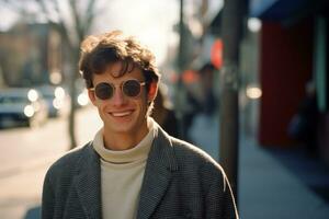 a young man wearing sunglasses on a city street generative ai photo