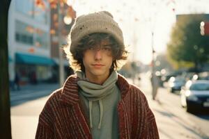 a young man with curly hair and a beanie is standing on a city street generative ai photo
