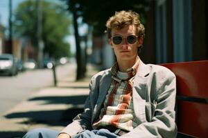 a young man wearing sunglasses sits on a red bench generative ai photo