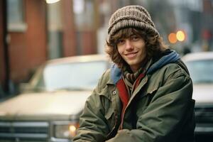 a young man with a beanie and jacket sitting on the street generative ai photo