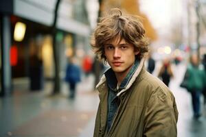 un joven hombre con Rizado pelo en pie en un ciudad calle generativo ai foto