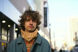 a young man with curly hair standing on a city street generative ai photo