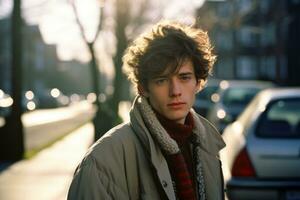 a young man with curly hair standing on a street generative ai photo