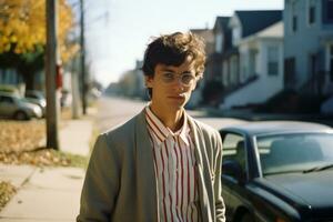 a young man with glasses standing in front of a car generative ai photo