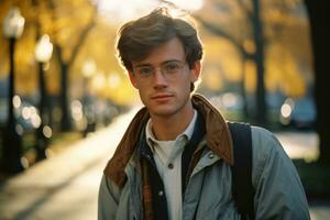a young man with glasses and a jacket standing on a street generative ai photo