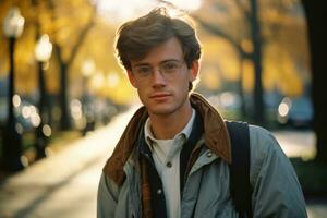 un joven hombre con lentes y un chaqueta en pie en un calle generativo ai foto