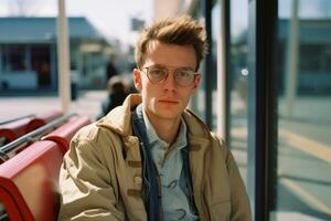 a young man with glasses sitting on a bench generative ai photo
