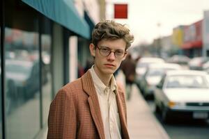 a young man with glasses standing on a city street generative ai photo