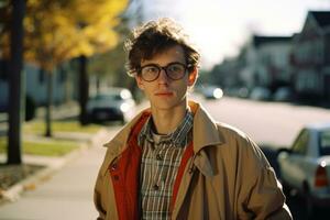 un joven hombre con lentes en pie en un calle generativo ai foto