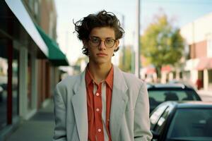 a young man with glasses standing on a street corner generative ai photo