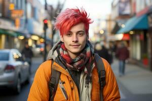 a young man with red hair and an orange jacket standing on a city street generative ai photo