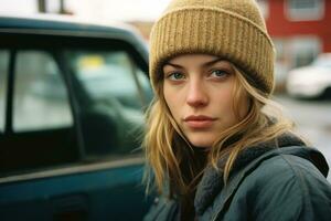 a young woman in a beanie and jacket sitting in front of a car generative ai photo