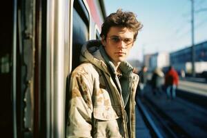 un joven hombre con lentes en pie en el lado de un tren generativo ai foto