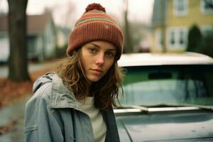a young woman in a beanie standing next to a car generative ai photo