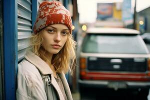 a young woman in a beanie leaning against a wall generative ai photo