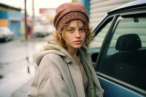 a young woman in a beanie leaning against a car generative ai photo