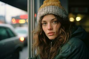 a young woman in a beanie looking out the window generative ai photo