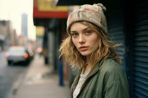 a young woman in a beanie standing on a city street generative ai photo