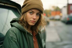 a young woman in a beanie standing next to a car generative ai photo