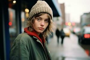 a young woman in a beanie standing on a city street generative ai photo