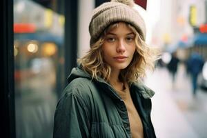 a young woman in a beanie standing on a city street generative ai photo