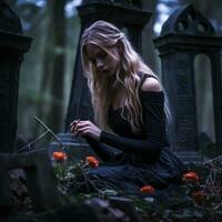 a young woman in a black dress sitting in a graveyard generative ai photo