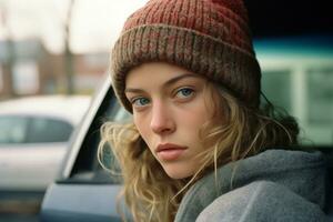 a young woman in a car wearing a beanie generative ai photo