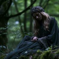 a young woman in a dark green dress sitting on the ground in the woods generative ai photo