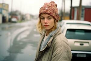 a young woman in a hat and coat standing on a street generative ai photo