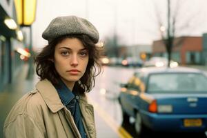 a young woman in a hat and coat standing on a street generative ai photo