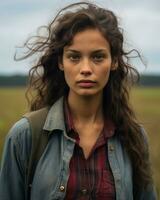 a young woman in a plaid shirt and denim jacket standing in the middle of a field generative ai photo