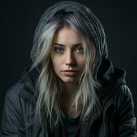 a young woman in a hoodie looking at the camera generative ai photo