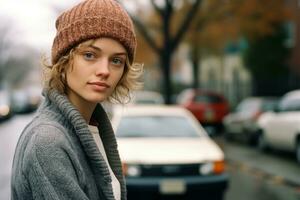 a young woman in a knit hat and sweater standing on a city street generative ai photo