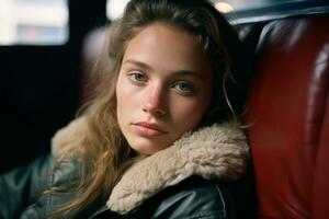 a young woman in a leather jacket sitting on a red seat generative ai photo