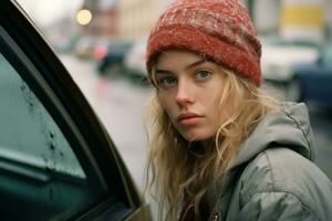 a young woman in a red hat leaning against the window of a car generative ai photo