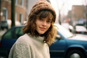 a young woman in a sweater and hat standing in front of a parked car generative ai photo