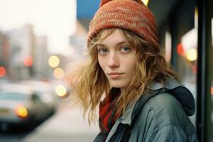 un joven mujer en un invierno sombrero y Saco en pie en frente de un ciudad calle generativo ai foto