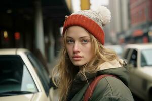 a young woman in a winter hat and coat standing on the side of the road generative ai photo