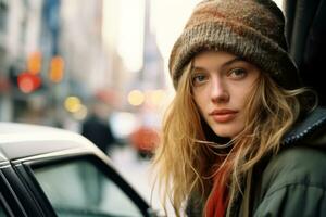 a young woman in a winter hat and coat sitting in the back of a car generative ai photo